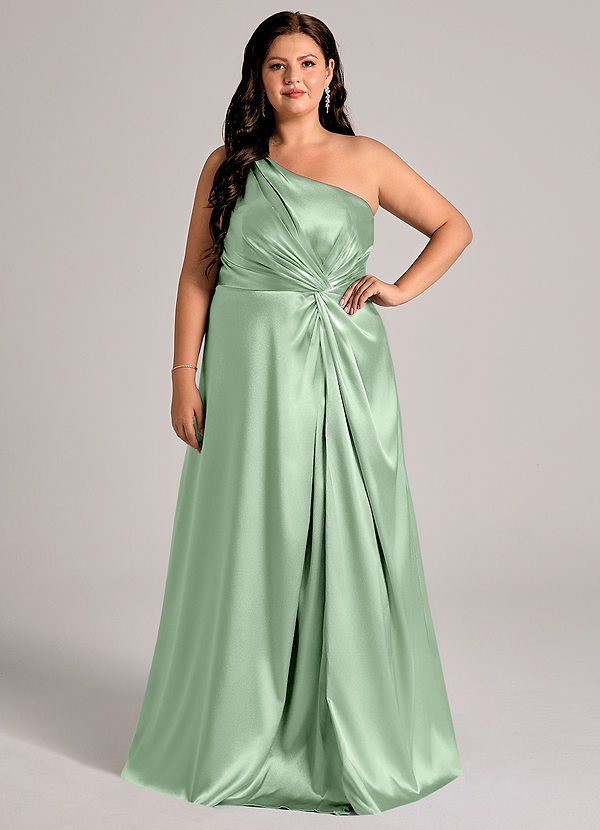 Azazie Brooke Bridesmaid Dresses Matcha A-Line One Shoulder Metallic Satin Dress image1
