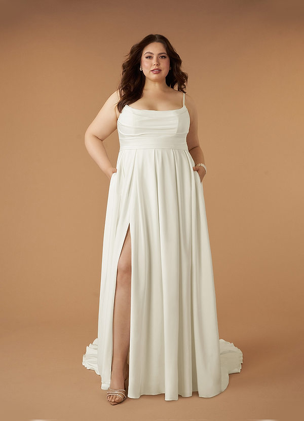 Azazie Caymus Wedding Dresses Cream A-Line Scoop Pleated Crepe Back Satin Dress image1