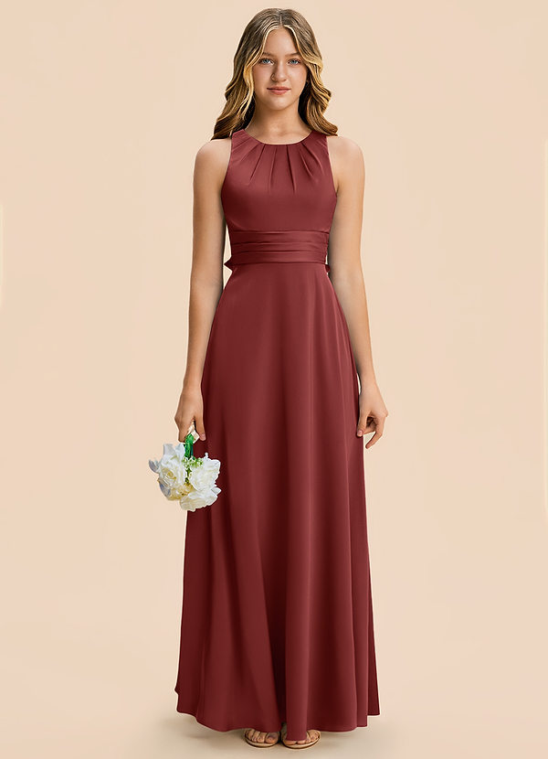 Azazie Christina Junior Vestido Terracota de Satén Elástico de Corte en A con Drapeado image1
