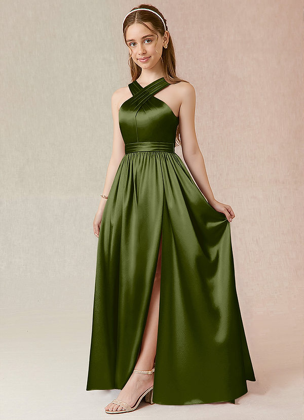 Azazie Jiya Junior Robe Trapèze en Satiné métallisé Plissée Olive image1