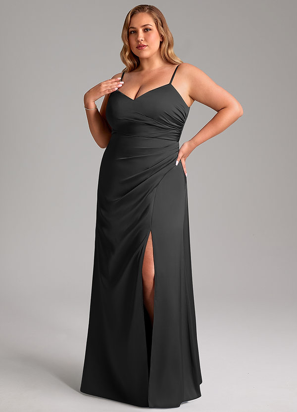 Azazie Azuree Vestidos Dama de Honor Vestido de Negro de Satén Elástico de Corte en A con Plisado image1