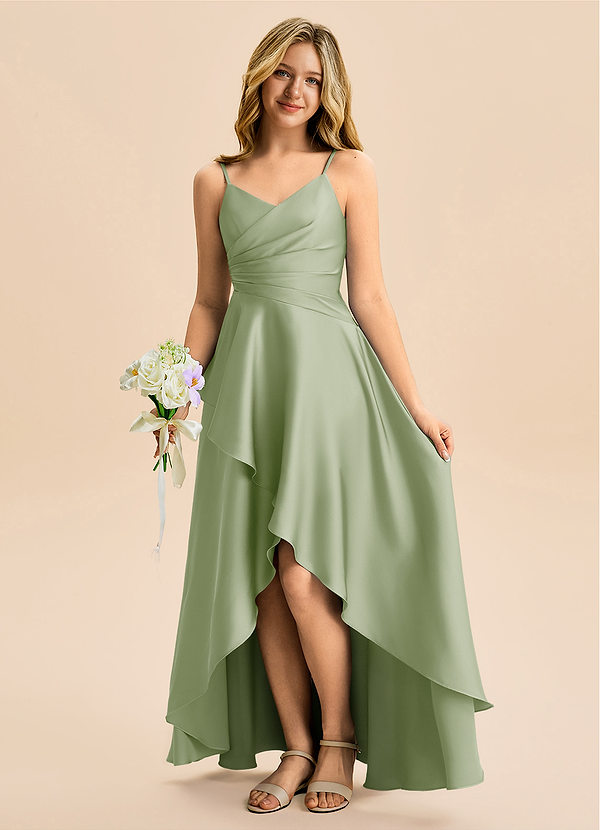 Azazie Eirlys Junior Vestido Dusty Sage de Cetim elástico de Linha A com Plissado image1