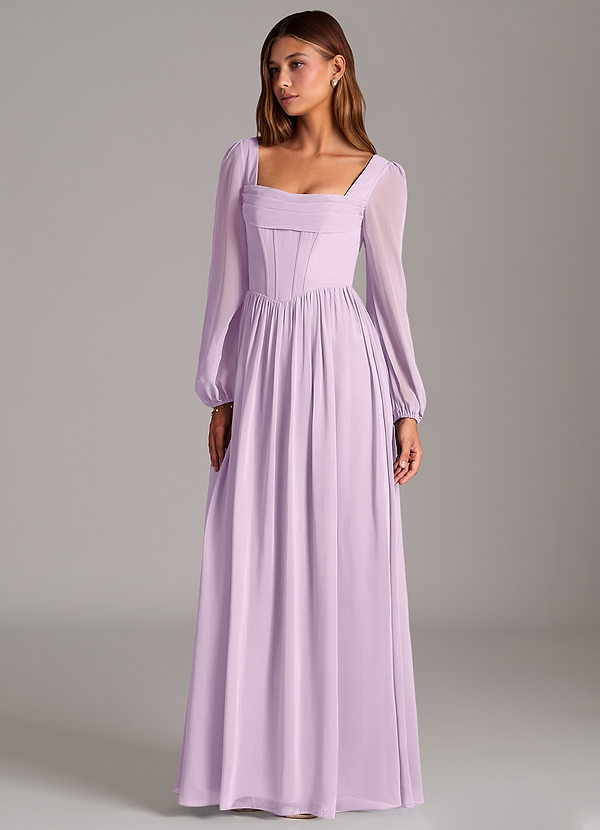 Azazie A-Line Cowl Long Sleeve Floor-Length Chiffon Bridesmaid Dresses - Frosted Lilac