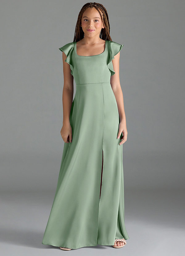 Azazie Bondi Junior Matcha A-Line Side Slit Stretch Satin Dress image1