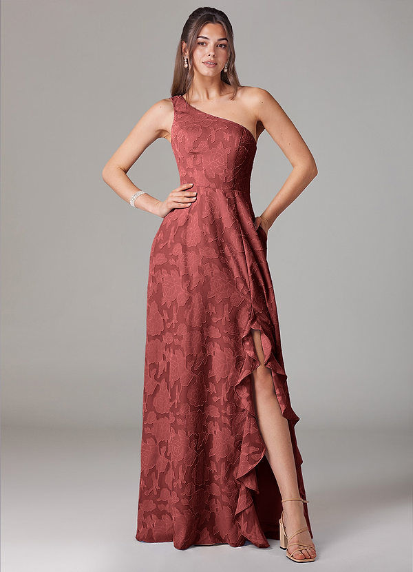 Azazie Ellianna Bridesmaid Dresses Terracotta A-Line One Shoulder Floral Burnout Dress image1