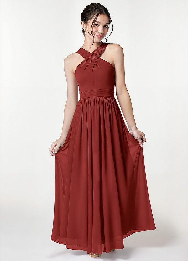 Azazie Jiya Junior Rust A-Line Pleated Mesh Dress image1