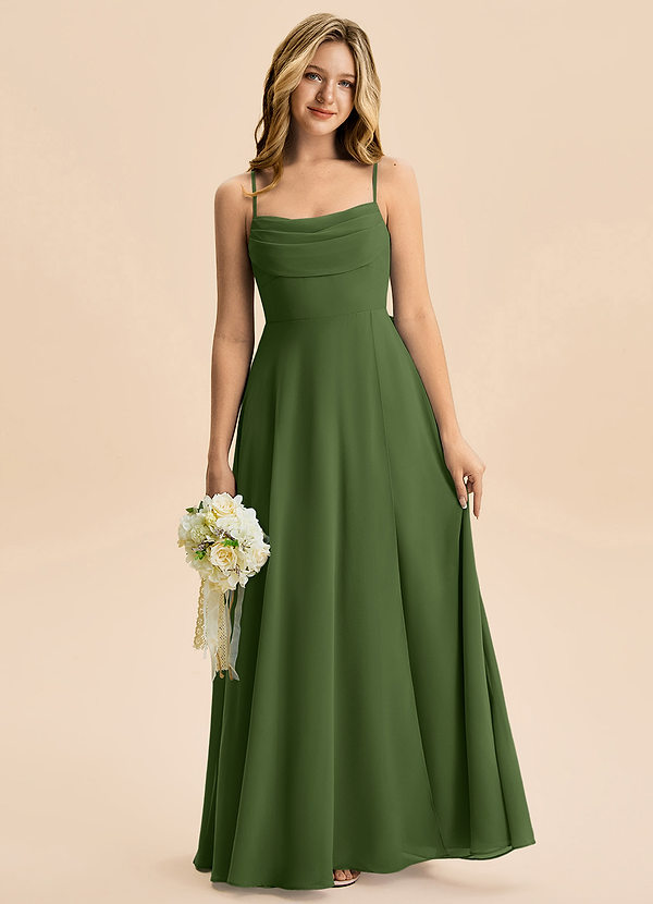 Azazie Bear Junior Olive A-Line Pleated Chiffon Dress image1