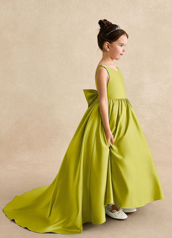 Azazie Mimia Flower Girl Dresses Lemongrass A-Line Bow Matte Satin Dress image1