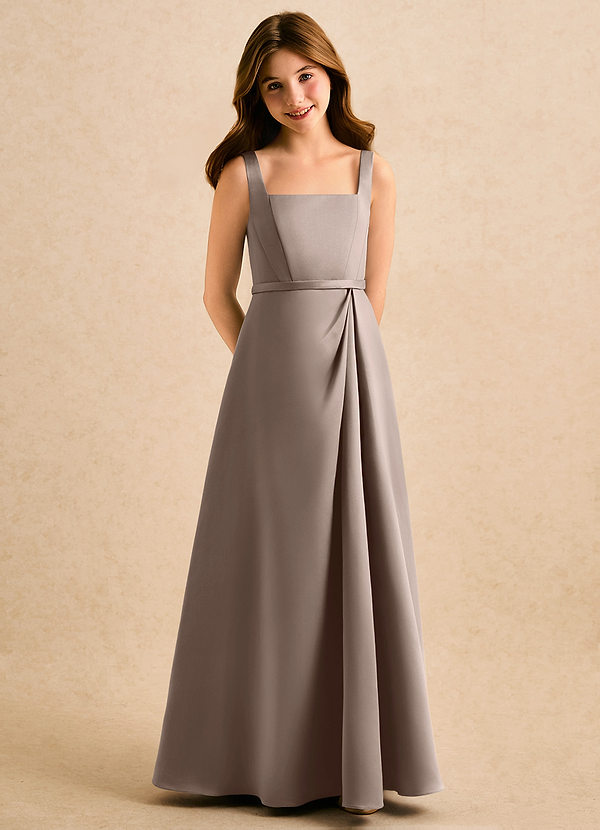 Azazie Emiko Girls Formal Abiti da Damigella Bambina Abito A-Line in Raso Opaco Plissettato Taupe image1