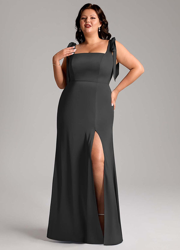 Azazie Frostine Bridesmaid Dresses Black A-Line Bow Stretch Satin Dress image1