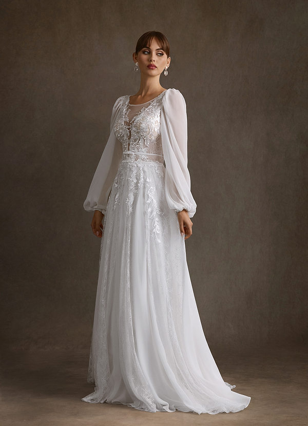 Keylani Wedding Dresses Diamond White Champagne A-Line Lace Dress image1