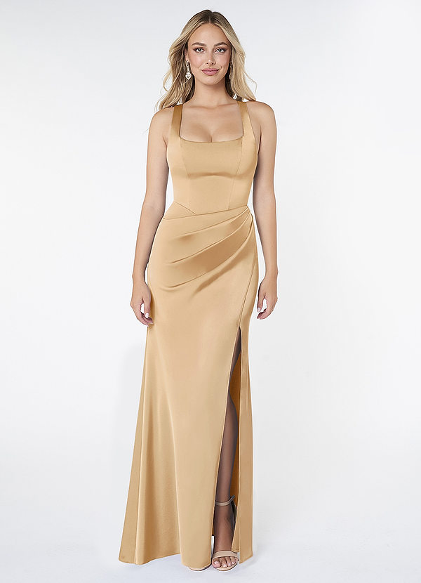 Azazie Mero Bridesmaid Dresses Gold Fitted Pleated Stretch Satin Dress image1