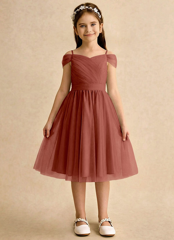 Azazie Lila Girls Formal Blomsterpigekjoler A-Line Off-Shoulder Tulle Knælængde Kjole image1