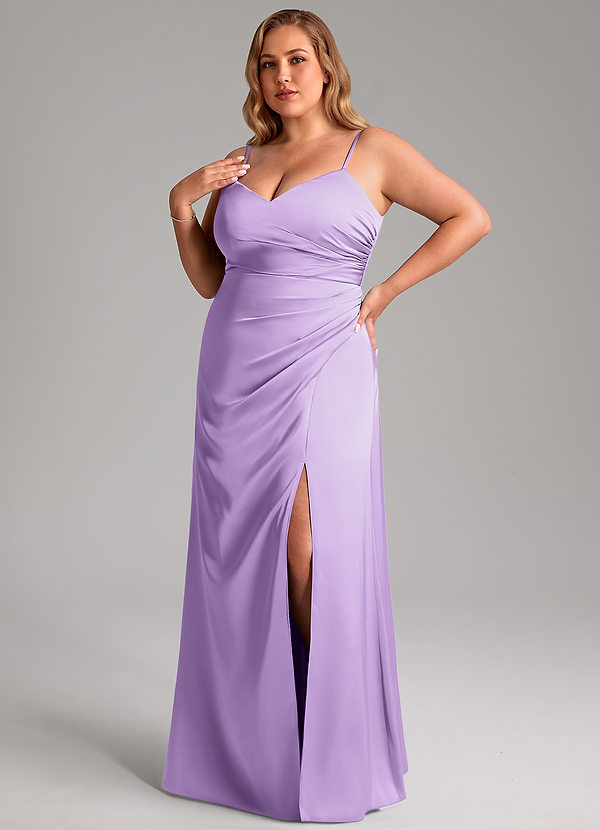 Azazie Azuree Bridesmaid Dresses Lilac A-Line Pleated Stretch Satin Dress image1