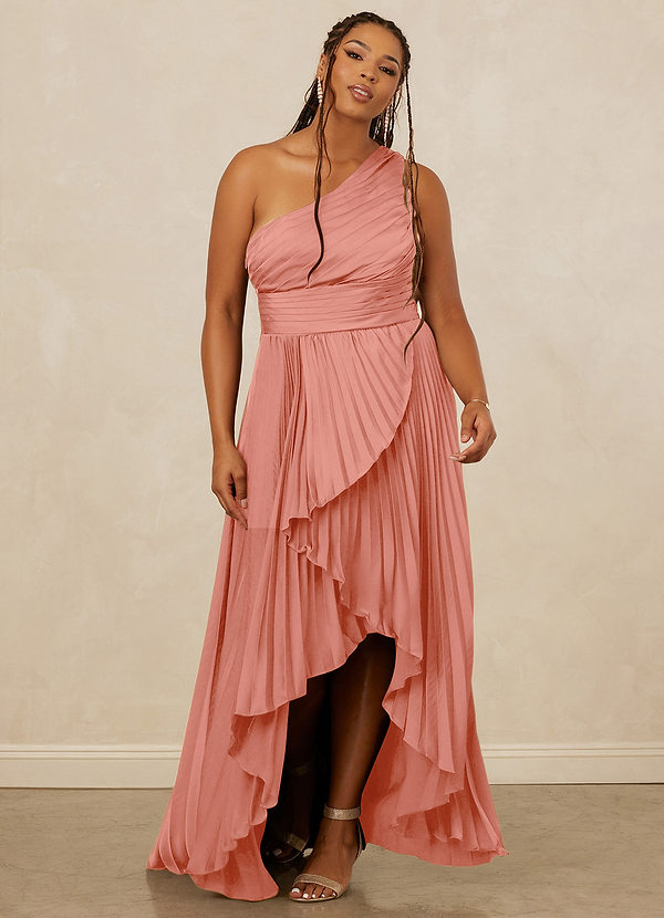 Christian Siriano Bridal for Azazie 1008 Robes Demoiselle d'honneur Robe Trapèze en Satin extensible Ue épaule Corail image1