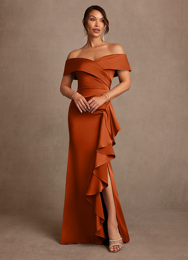Azazie Kirsty Mother of the Brides Dresses Burnt Orange Sheath Off the Shoulder Stretch Satin Dress image1