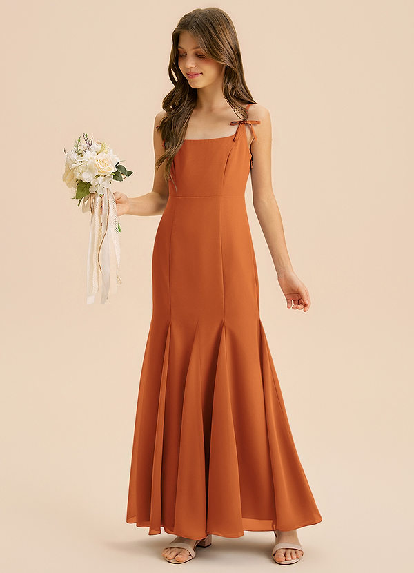 Azazie Evey Junior Abito Sirena in Chiffon Plissettato Cannella image1