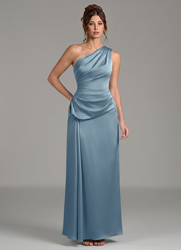 Azazie Zahira Ready to Ship Dusty Blue Stretch Satin Bridesmaid