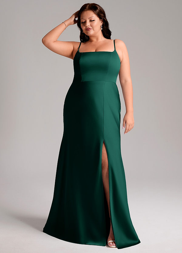 Azazie Lidia Bridesmaid Dresses Emerald Mermaid Side Slit Stretch Satin Dress image1