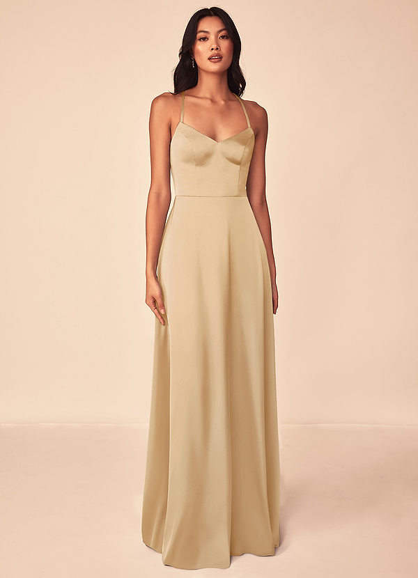 Azazie Mei Bridesmaid Dresses Gold A-Line V-Neck Stretch Satin Dress image1