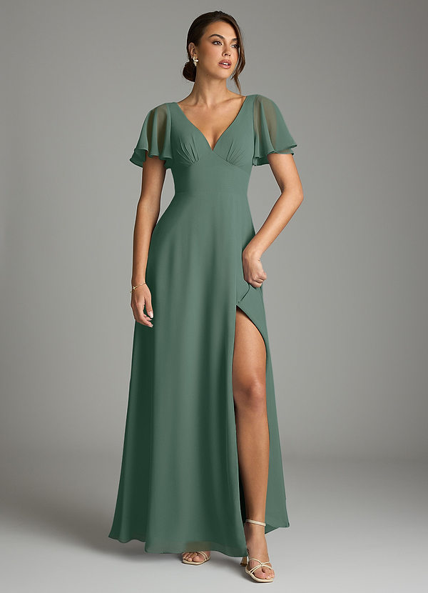 Azazie Kimber Bridesmaid Dresses Sea Moss A-Line Flounce Sleeve Chiffon Dress image1