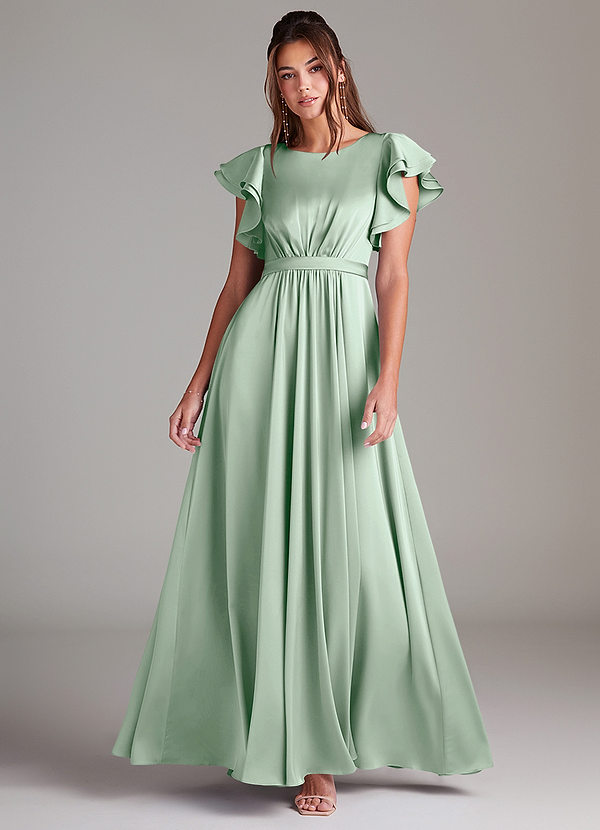 Azazie Daphne Modest Bridesmaid Dresses A-Line Ruched Stretch Satin Floor-Length Dress image1