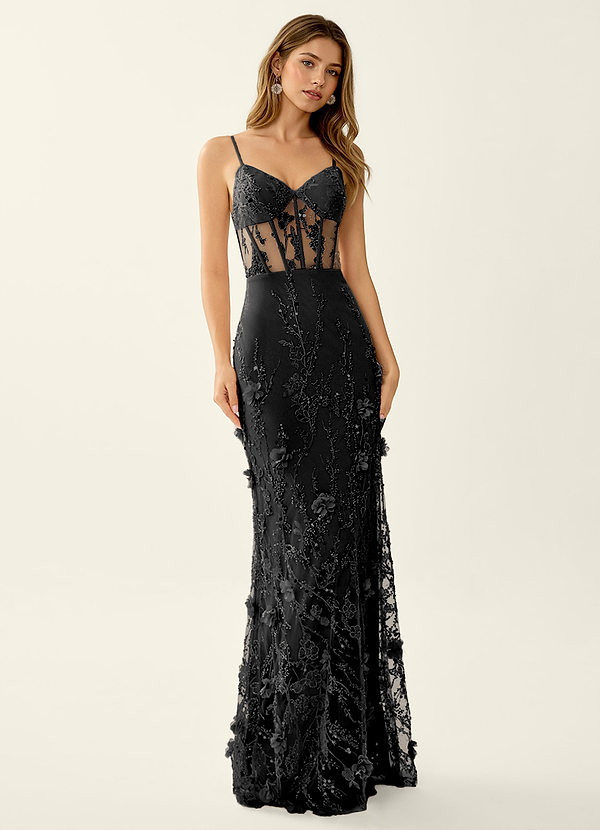 Risqunma Nero Abito da ballo in tulle con perline e ricami di paillettes e fiori 3D image1