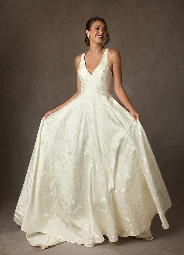 Azazie Olivette Wedding Dresses Antique White Ball-Gown Strap Floral Jacquard Dress image1