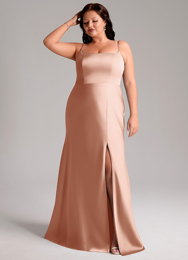 Azazie Lidia Bruidsmeisjes Jurken Jurk van Stretch Satijn met Zeemeermin Zijsplit Rosé Goud image1