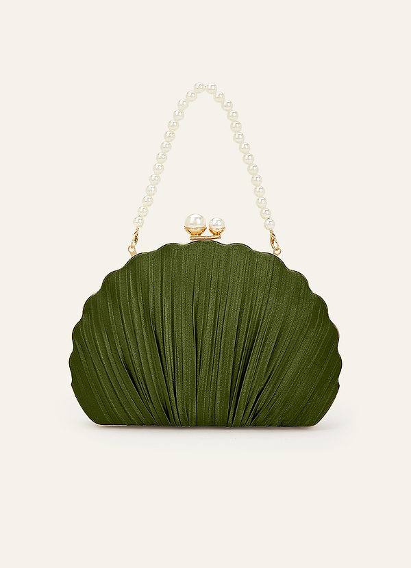 front Matching Color Metallic Satin Shell-Shape Pleated Clutch Bag
