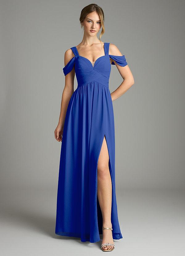 Azazie Lianne Bridesmaid Dresses Royal Blue A-Line Off the Shoulder Chiffon Dress image1
