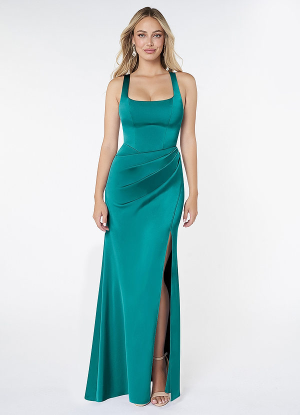 Azazie Mero Bridesmaid Dresses Teal Sheath Pleated Stretch Satin Dress image1