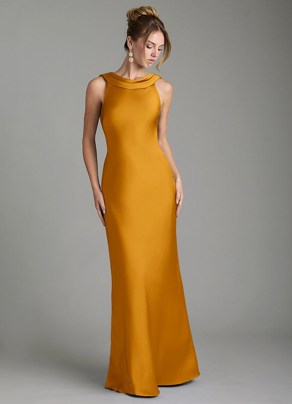 Azazie Aussie Bridesmaid Dresses Butterscotch Sheath Pleated Stretch Satin Dress image1