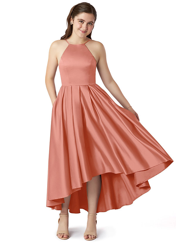 Azazie Jemima Junior Coral A-Line with Pockets Stretch Satin Dress image1