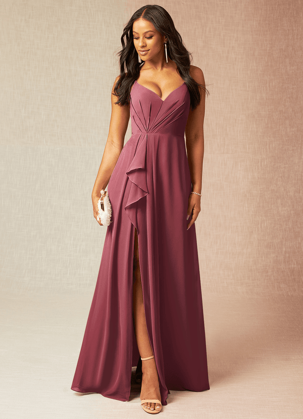 Azazie Kyedae Bridesmaid Dresses Merlot A-Line V-Neck Pleated Chiffon Dress image1
