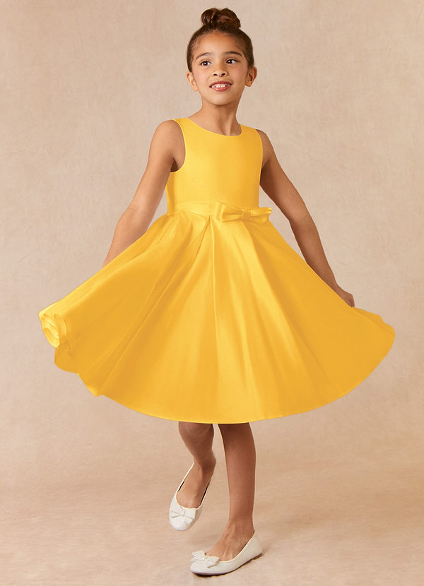 Azazie Coco Flower Girl Dresses Marigold A-Line Bow Matte Satin Dress image1