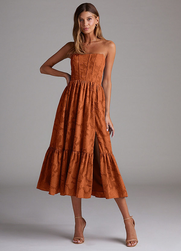 Azazie Delphina Bridesmaid Dresses Burnt Orange A-Line Strapless Floral Burnout Convertible Dress image1