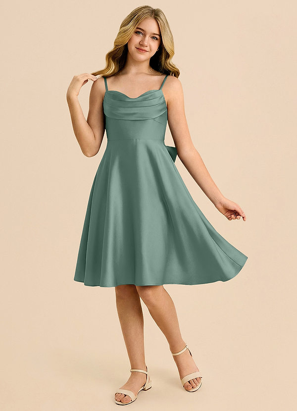 Azazie Bear Junior Eucalyptus A-Line Sweetheart Neckline Stretch Satin Dress image1