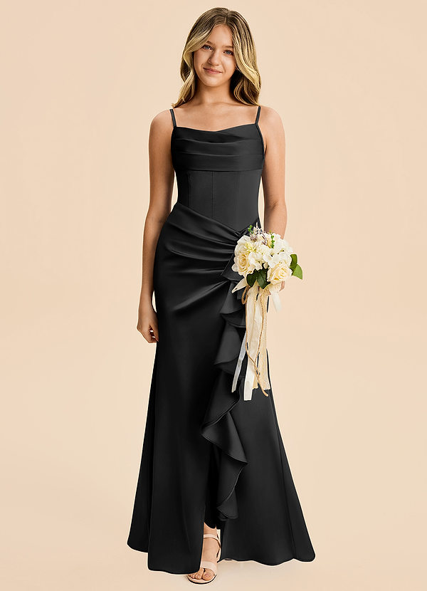 Rosalia Junior Black Sheath Pleated Stretch Satin Dress image1