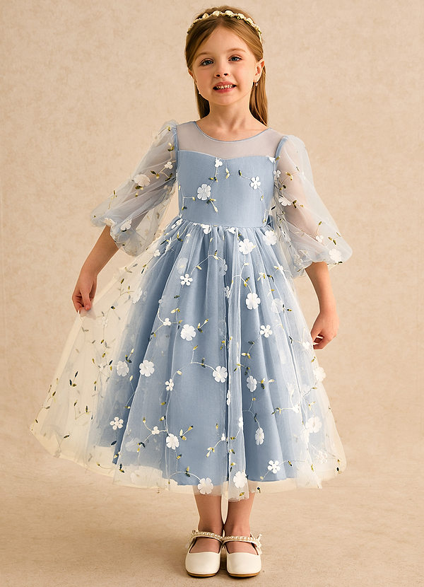 Azazie Elowen Flower Girl Dresses Dusty Blue A-Line Sweetheart Neckline Lace Dress image1