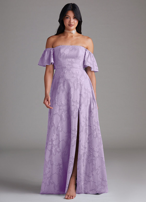 Azazie Sue Bruidsmeisjes Jurken Converteerbaar Jurk van Bloemen Burn-out met A-Lijn Off the Shoulder Lila image1