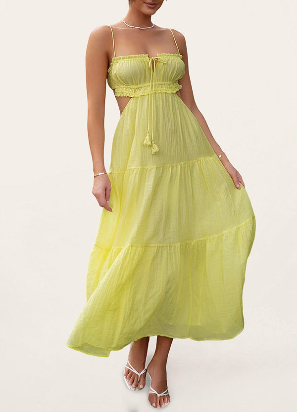 front Oxford Yellow Sleeveless Cutout Ruffled Tiered Maxi Dress