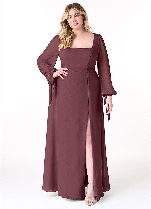 Azazie Leonia Brautjungfernkleider A-Linie Langarm Chiffon Kleid Sangria image1