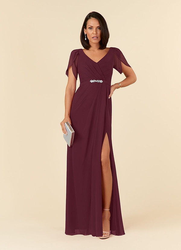 Azazie Marianne Mother of the Brides Dresses Cabernet Sheath V-Neck Pleated Chiffon Dress image1