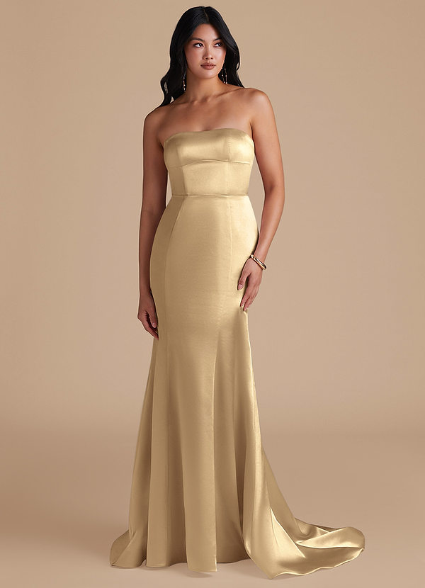 Azazie Aura Bridesmaid Dresses Champagne Mermaid Metallic Satin Convertible Dress image1