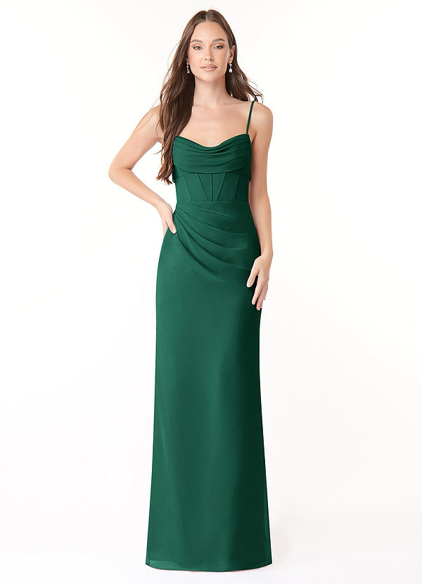 Azazie Mai Bridesmaid Dresses Emerald Sheath Pleated Chiffon Dress image1