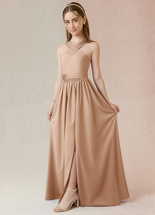 Azazie Jiya Junior English Rose A-Line Pleated Stretch Satin Dress image1