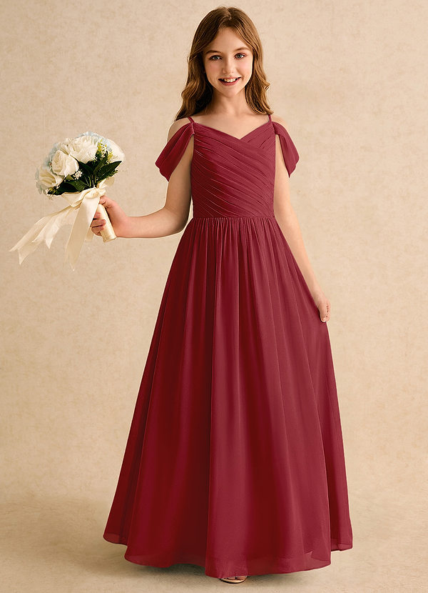 Azazie Chelo Girls Formal Abiti da Damigella Bambina Abito A-Line in Chiffon Plissettato Melograno image1