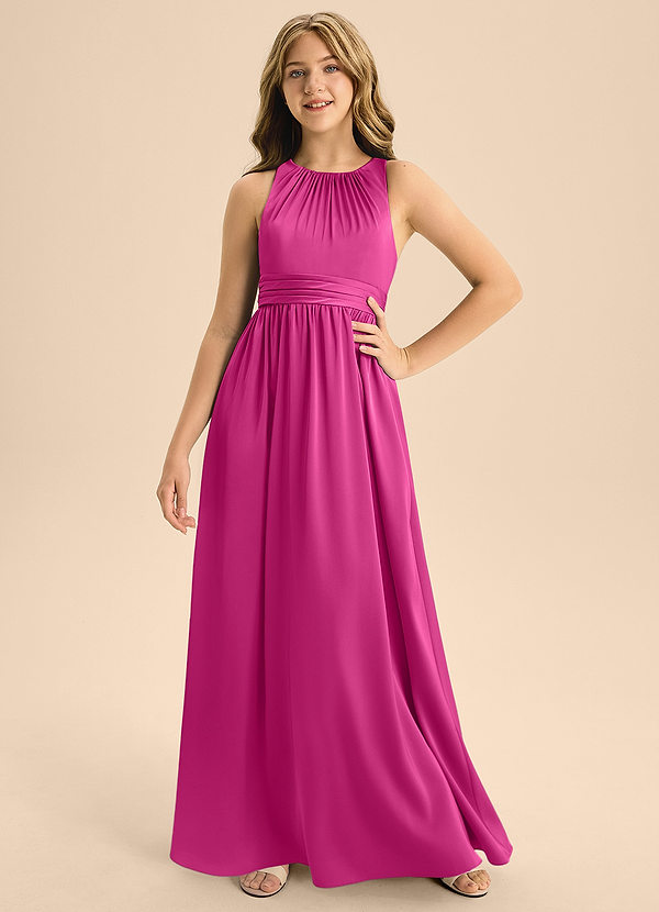 Azazie Jaylah Junior Abito A-Line in Raso Elasticizzato Plissettato Fucsia image1