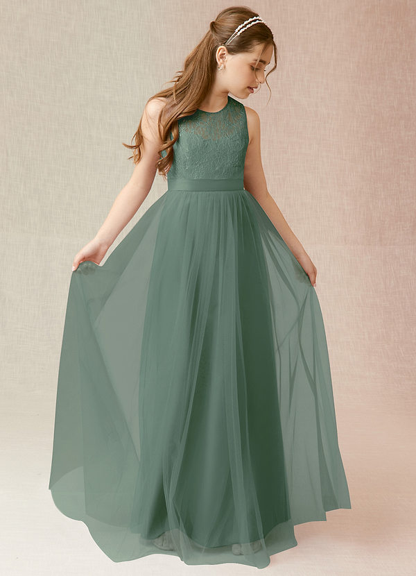 Azazie Georgette Junior Eucalyptus A-Line Lace Tulle Dress image1